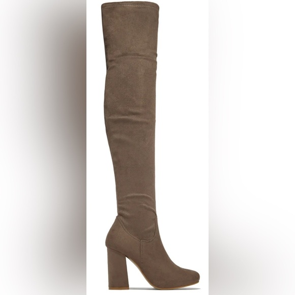 Womens Taupe Suede Over The Knee‎ Block Heel Boots Fashion Footwear Size 9 - Picture 2 of 5